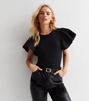 New Look Petite Black Poplin Frill Sleeve Bodysuit